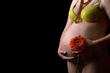 Image showing Belly of a pregnant young woman with flower. Isolated