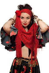 Image showing Portrait of expressive gypsy woman. Isolated