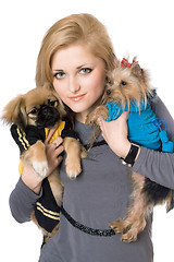 Image showing Portrait of pretty blonde with two dogs. Isolated