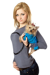 Image showing Beautiful blonde posing with puppy. Isolated