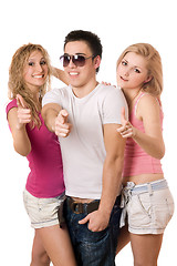 Image showing two smiling sexy women and handsome young man