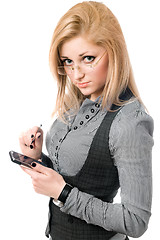 Image showing Portrait of beautiful young blonde with smartphone