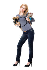 Image showing Pretty blonde posing with two dogs