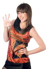 Image showing young caucasian woman showing ok