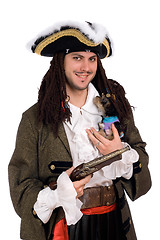 Image showing man in a pirate costume with small dog