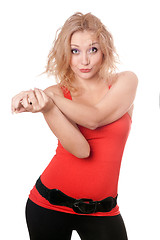 Image showing Portrait of funny young blonde. Isolated