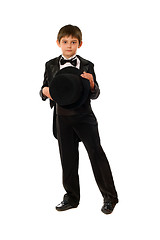 Image showing Little boy in tuxedo with a hat