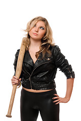 Image showing Portrait of pretty blonde with a bat