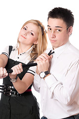 Image showing Portrait of funny student pair. Isolated