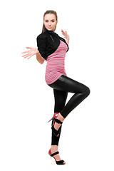 Image showing Playful young woman in black leggings