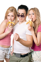 Image showing Portrait of three playful smiling young people