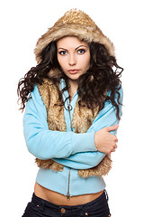 Image showing Portrait of perfect young brunette in the hood. Isolated