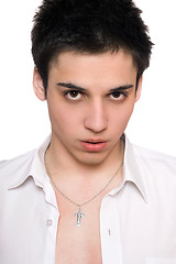 Image showing Closeup portrait of young man in a white shirt