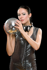 Image showing Portrait of young woman with a mirror ball