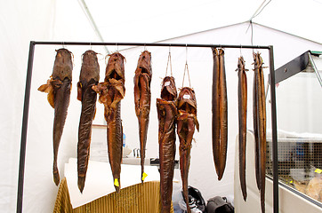 Image showing smoke catfish and eels fish sell street fair 