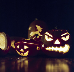 Image showing Glowing Halloween pumpkins