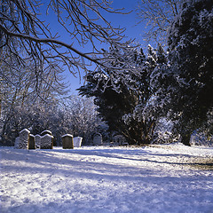 Image showing Snowy cemetry in winter sunlight