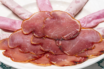 Image showing Spanish serrano ham and sausages