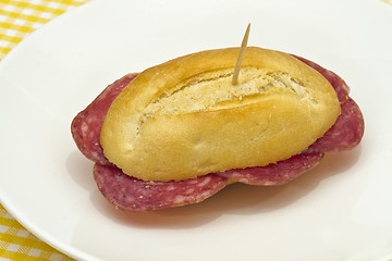 Image showing Sausage sandwich, typical Basque cap.