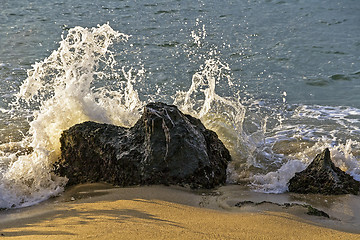 Image showing Wave breaking on a rock