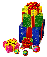 Image showing Christmas tree toys and set of gifts with red bows