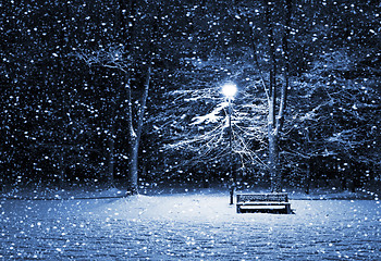 Image showing bench and shining lantern 