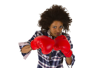 Image showing Female afro american with red boxing gloves