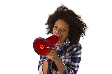 Image showing Young african american using megaphone