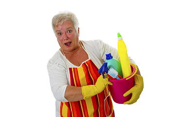 Image showing Female senior with  cleaning utensils 