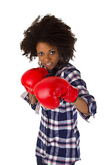 Image showing Female afro american with red boxing gloves