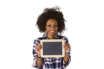 Image showing Female afro american with blank chalkboard