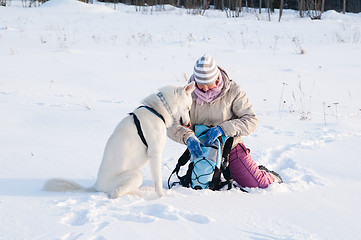 Image showing The woman with a dog in winter on walk