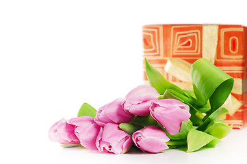 Image showing Pink tulips and gift box, it is isolated on white