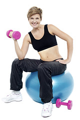Image showing Woman seated on fitness ball doing dumbbells