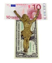 Image showing concept gold jesus crucify euro dollar isolated 