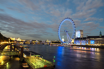 Image showing London Skyline at dusk from Westminster Bridge with illuminated 