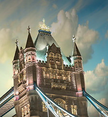 Image showing Lights and Colors of Tower Bridge at sunset with Clouds - London