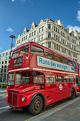 Image showing LONDON, SEP 28: Red double decker bus speeds up on the streets o