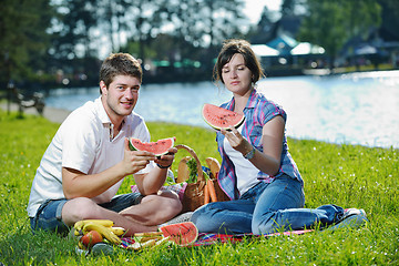 Image showing happy young couple having a picnic outdoor