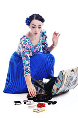 Image showing pinup retro  woman with travel bag isolated