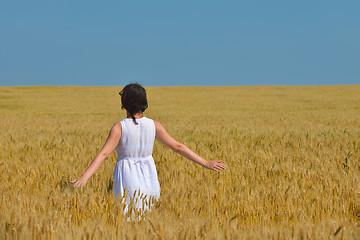 Image showing young woman in wheat field at summer