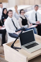 Image showing laptop on conference speech podium