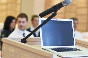 Image showing laptop on conference speech podium