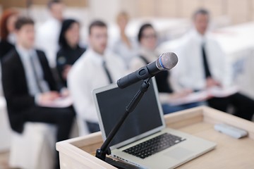 Image showing laptop on conference speech podium