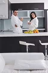 Image showing young couple have fun in modern kitchen