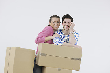 Image showing Young couple moving in new home