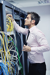 Image showing young it engeneer in datacenter server room