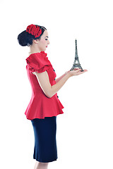 Image showing beautiful young woman with paris symbol eiffel tower