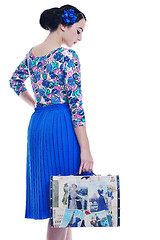 Image showing pinup retro  woman with travel bag isolated