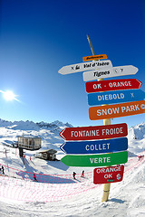 Image showing Sign board at High mountains under snow in the winter